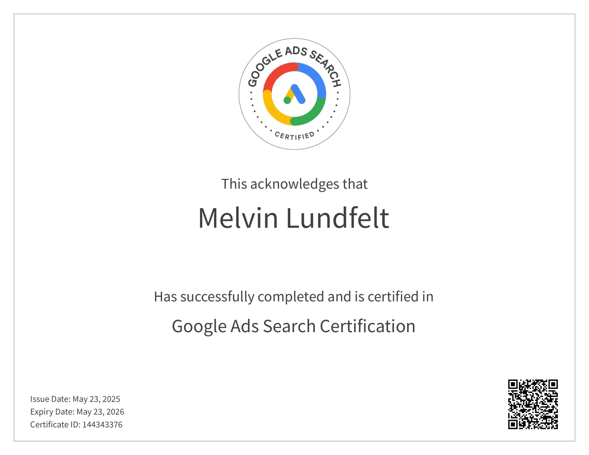 Google Ads Search-certifikat – Melvin Lundfelt